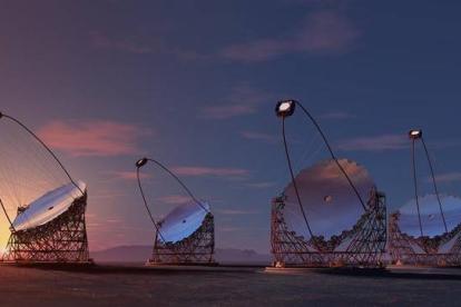 Representación artística de los cuatro telescopios gigantes propuestos para el CTA (Cherenkov Telescope Array o Red de Telescopios Cherenkov) en la isla canaria de La Palma.