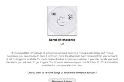 Anuncio en la web de Apple que permite borrar el disco de U2 de la biblioteca de iTunes.