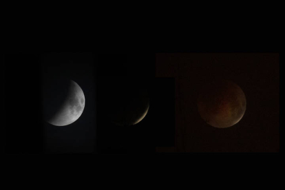 Vista de la Luna tomada desde Pamplona, durante las fases del eclipse total registrado durante la madrugada de este lunes. EFE/VILLAR LÓPEZ
