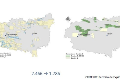 Mapas con la distribución de los permisos mineros localizados en la provincia de León. FUENTE: LAURA ÁLVAREZ DE PRADO Y ANTONIO BERNARDO SÁNCHEZ