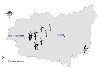 Distribución territorial de los parques eólicos contemplados en el estudio. FUENTE: LAURA ÁLVAREZ DE PRADO Y ANTONIO BERNARDO SÁNCHEZ