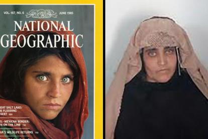 Sharbat Gula, de niña en la portada del 'National Geographic' junto a una imagen de adulta.
