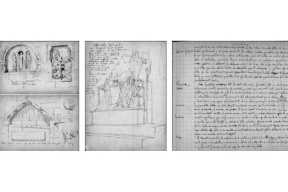 Tres dibujos de la Catedral realizados por Rafael Masó y, a la derecha, una página del dietario de Luis Doménech Montaner. ARCHIVO HISTÓRICO DEL COLEGIO DE ARQUITECTOS