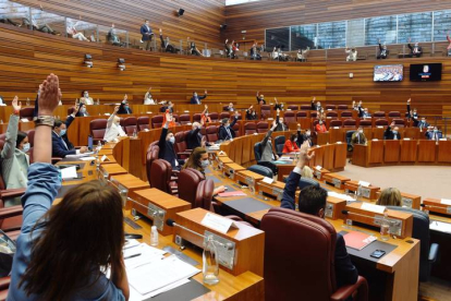 Votación a mano alzada durante la sesión plenaria celebrada esta mañana en las Cortes de Castilla y León. NACHO GALLEGO