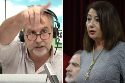 Carlos Alsina (a la izquierda) en su programa de radio en el que criticó el discurso de Francina Armengol (a la derecha) en la apertura de la XV legislatura del pasado miércoles. ONDA CERO/CHEMA MOYA (EFE)