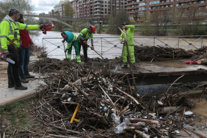 La maleza se apoderó de todo el río, en la imagen los destrozos en la pasarela de la Condesa.