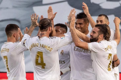 Los jugadores del Real Madrid celebran el título de Liga. RODRIGO
