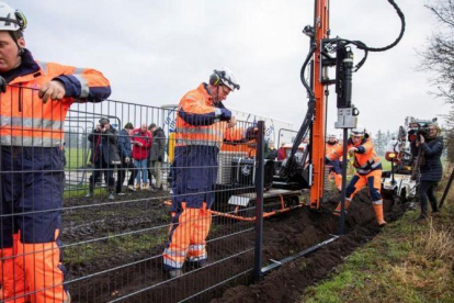 Unos operarios instalan una valla en la localidad danesa de Padborg para delimitar el tránsito de los jabalís procedentes de territorio alemán.