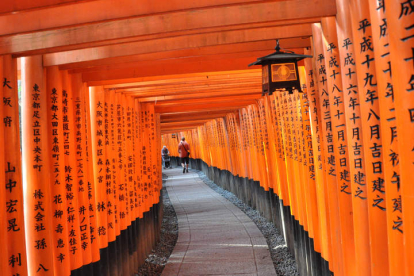El santuario abraza la montaña a través de los túneles que forman los miles de torii (puertas sagradas) de madera.