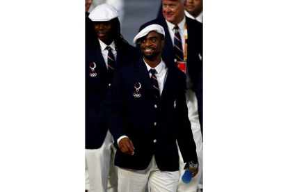 El campeón del mundo Tyson Gay durante el desfile de Estados Unidos.