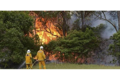 Dos bomberos intentar extinguir las llamas de un incendio declarado en la bahía de Catherine Hill, en Nueva Gales del Sur, este viernes.
