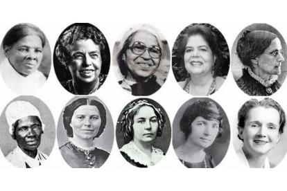 De izquierda a derecha y de arriba abajo: Harriet Tubman, Eleanor Roosevelt, Rosa Parks, Wilma Mankiller, Susan B. Anthony, Sojourner Truth, Clara Barton, Elizabeth Lady Stanton, Margaret Sanger y Rachel Carson.