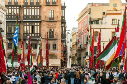 Los 32 pendones leoneses que han desfilado en la tarde de este sábado por las calles de Sevilla para celebrar los Días de León en la capital hispalense lo han hecho con un crespón negro como señal de luto por el triste desenlace del rescate de Julen.