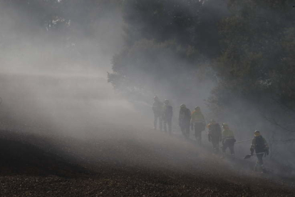 Miembros del dispositivo de extinción se dirigen al frente de fuego, en el incendio del domingo en Villaquilambre. RAMIRO.