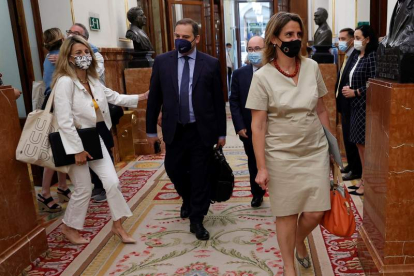 Teresa Ribera llega al Congreso, seguida de Ábalos y la ministra de Trabajo. CHEMA MOYA