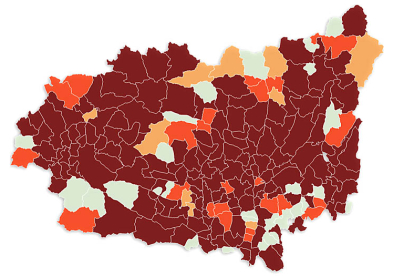 El mapa de León está teñido de rojo prácticamente en su totalidad. MIGUEL ARGÜELLO