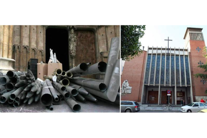 Los tubos del viejo órgano bajo la puerta de la Virgen Blanca y la iglesia de Jesús Divino Obrero, donde irá el instrumento desmontado en abril.