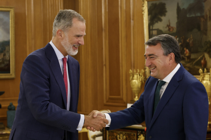 El rey Felipe VI, recibía ayer en el Palacio de la Zarzuela al portavoz del PNV en el Congreso, Aitor Esteban. EFE/ SEBASTIÁN MARISCAL MARTÍNEZ / POOL