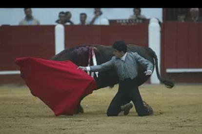 Castaño realizó una completa tanda de rodillas y llegó a postrarse en el suelo ante el toro.