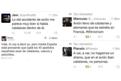 Algunos ejemplos de tuits catalanófobos tras la tragedia de Germanwings.
