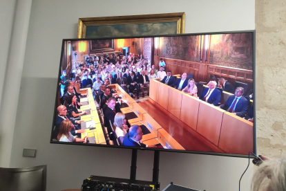 Vista dle salón de plenos de la Diputación de León desde la sala habilitada para los medios de comunicación. P. I.