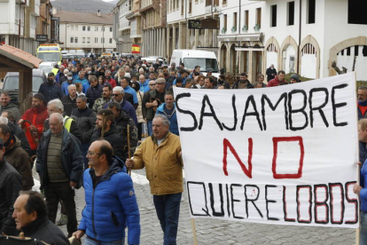 Manifestación celebrada el pasado abril en Riaño en contra de la inclusión del lobo en el Lespre. MARCIANO PÉREZ