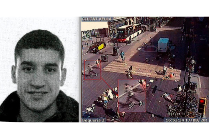 A la izquierda, Younes Abouyaqoub. A la derecha, las imágenes de su fuga que tomó una videocámara. El terrorista corre tras asesinar en La Rambla. /