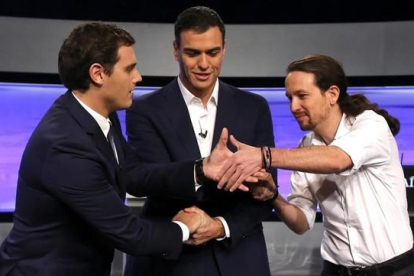 Albert Rivera, Pedro Sánchez y Pablo Iglesias, en un debate televisivo.