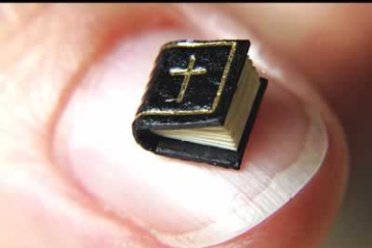 Esta cosa tan pequeña es la biblia con menor tamaño del mundo. Se encuentra en la Brandenburgica de Alemania, una colección en la que este libro comparte mini estantería con otras 50.000 miniaturas.