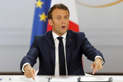 El presidente francés, Emmanuel Macron, durante la rueda de prensa que ha ofrecido en el Elíseo.