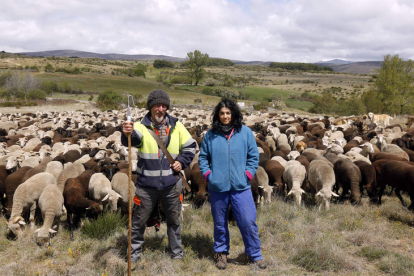 Gregorio Fidalgo y Violeta Alegre hacen la trashumancia corta desde el Órbigo a la montaña, con parada en Omaña dos meses de primavera. MARCIANO PÉREZ