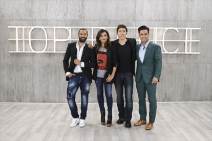 Manel Fuentes con el jurado de 'Top dance', formado por David Bustamante, Mónica Cruz y Rafael Amargo.
