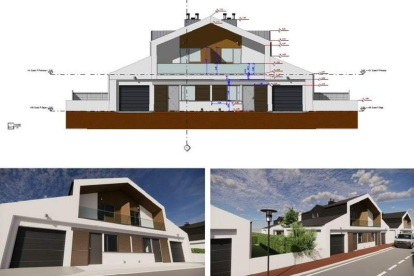 Plano y simulación de las viviendas adosadas que se construirán en Carracedelo. DL
