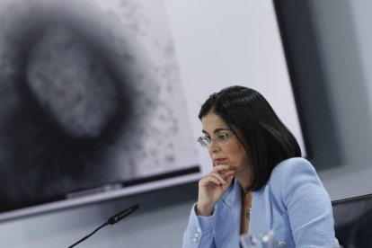 La ministra de Sanidad, Carolina Darias, ofrece una rueda de prensa mientras en la pantalla se muestra una imagen de la viruela del mono. MARISCAL