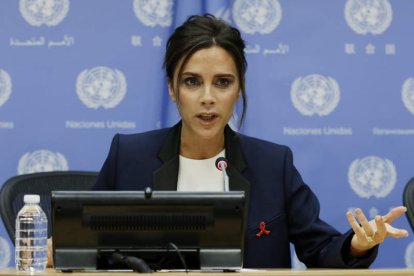 Victoria Beckham, en una rueda de prensa en calidad de embajadora de buena voluntad para la ONU.