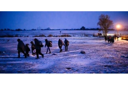 Migrantes y refugiados caminan por un campo cubierto de nieve tras cruzar la frontera de Macedonia con Serbia, cerca de la población de Miratovac, este domingo.