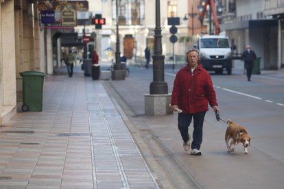 Un hombre pasea a su perro esta mañana por el centro de León. RAMIRO