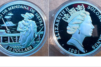 Las dos caras de la moneda de 10 dólares acuñada en 1991, con Isabel II y Mendaña. TC