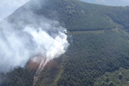 Vista aérea del incendio forestal de Villafrea de la Reina, esta mañana. ATBRIF