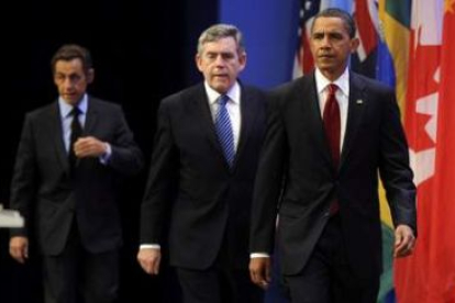 Sarcozy, Brown y Obama, en su comparecencia antes del inicio de la cumbre del G-20.