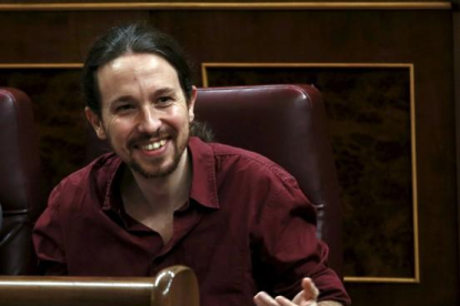 Pablo Iglesias, en el Congreso de los Diputados el viernes, durante la segunda jornada de la investidura de Pedro Sánchez.