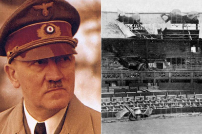 Hitler, junto a una imagen de los daños en la pista central de Wimbledon por el bombardeo de la aviación nazi.