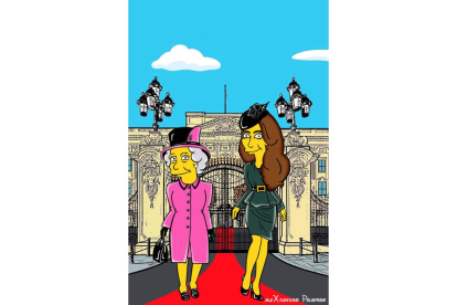 Arriba y la tercera foto, Kate Middleton y la reina Isabel II en su versión Simpson. Debajo, Marge con varios atuendos, como el famoso Chanel rosa que vestía Jackie Kennedy el día del asesinato de su marido en Dallas.A la izquierda, Anna Wintour también s