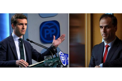 El vicesecretario de Comunicación del PP, Pablo Casado, a la izquierda durante una comparecencia pública para negar irregularidades en la obtención de sus títulos universitarios. A la derecha, el rector de la Universidad Rey Juan Carlos, Javier Ramos.
