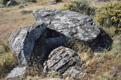 Vista del posible ídolo megalítico cabreirés, realizado a base de grandes hendiduras paralelas. La piedra está partida en dos. S.C.