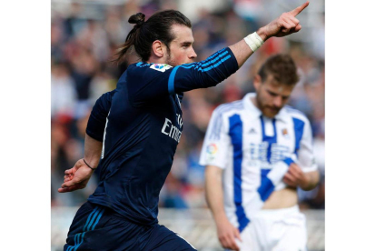 Bale celebra el gol de la victoria del Madrid frente a la Real en Anoeta. JUAN HERRERO