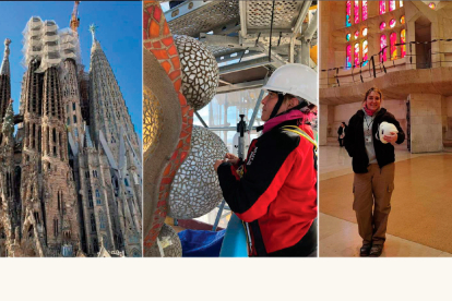 La Sagrada Familia con los ‘andamios’ en los que trabaja la leonesa Elisa Carballo Bayón. A la derecha, la restauradora en el interior del templo de Gaudí. DL