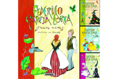 Las portadas de estos cuatro libros, magníficamente ilustrados por Alicia Cañas: ‘Canciones y ritmos’, ‘Naturaleza y paisajes’, ‘Baladas y amores’ e ‘Historias y leyendas’.