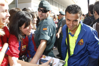 Pedro, el azulgrana que marcó los dos goles en el Reino, a su llegada a León el 28 de octubre de 2009. RAMIRO