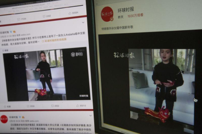 El vídeo de Arabella Trump, reproducido en unas pantallas de ordenador en Pekín, este viernes.